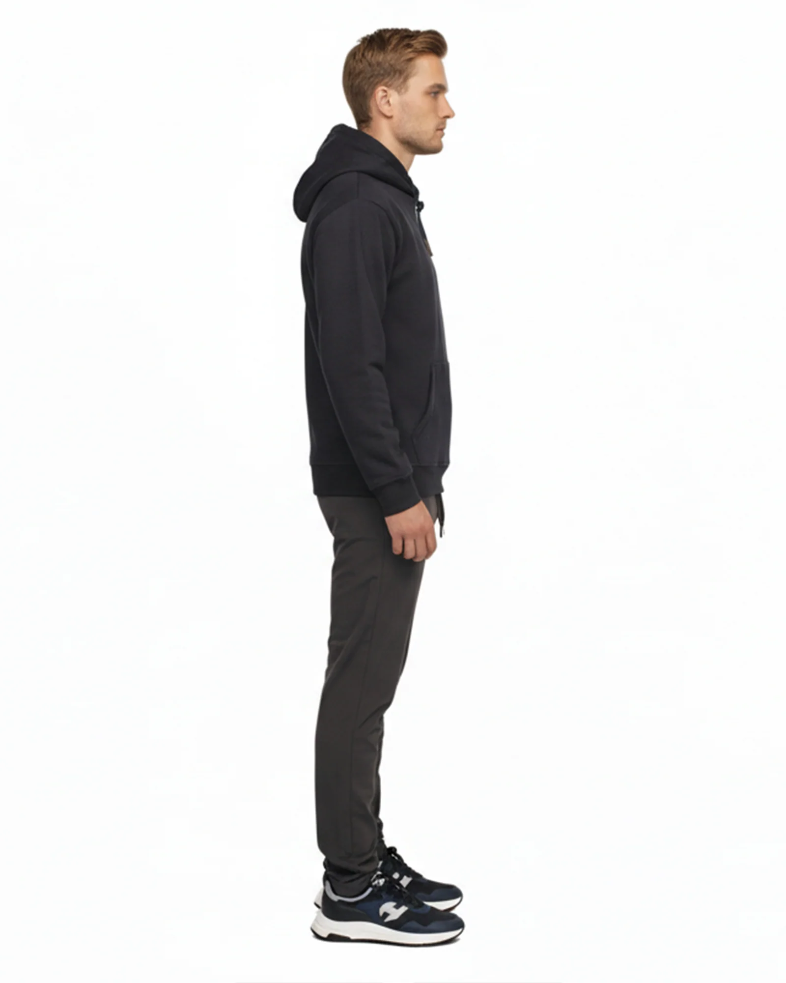 Heavy Plain Pocket Logo Hoodie - Navy - Image 3